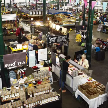 Overhead view of St George’s Market, which mixes producers and gourmet food, Belfast Covered Market. Belfast, Ireland.
