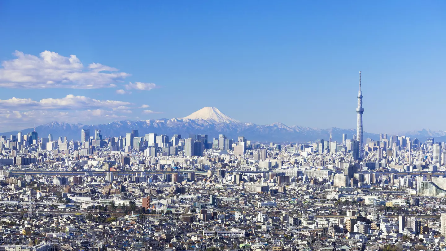 A high-rise cityscape backed by a snow-capped mountain