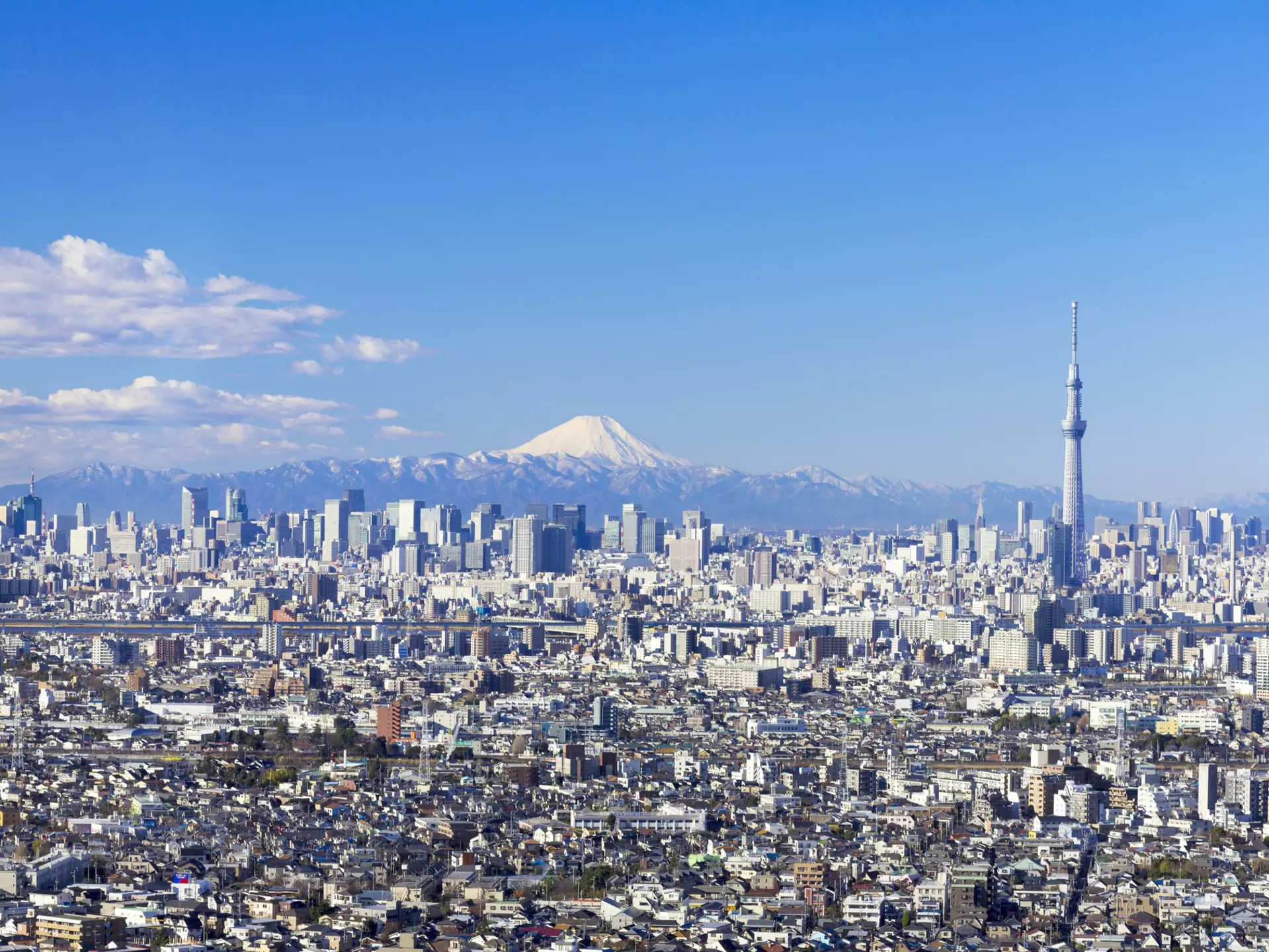 A high-rise cityscape backed by a snow-capped mountain