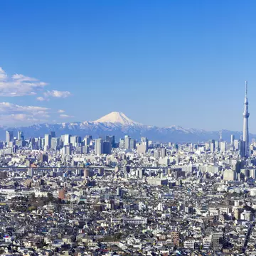 A high-rise cityscape backed by a snow-capped mountain