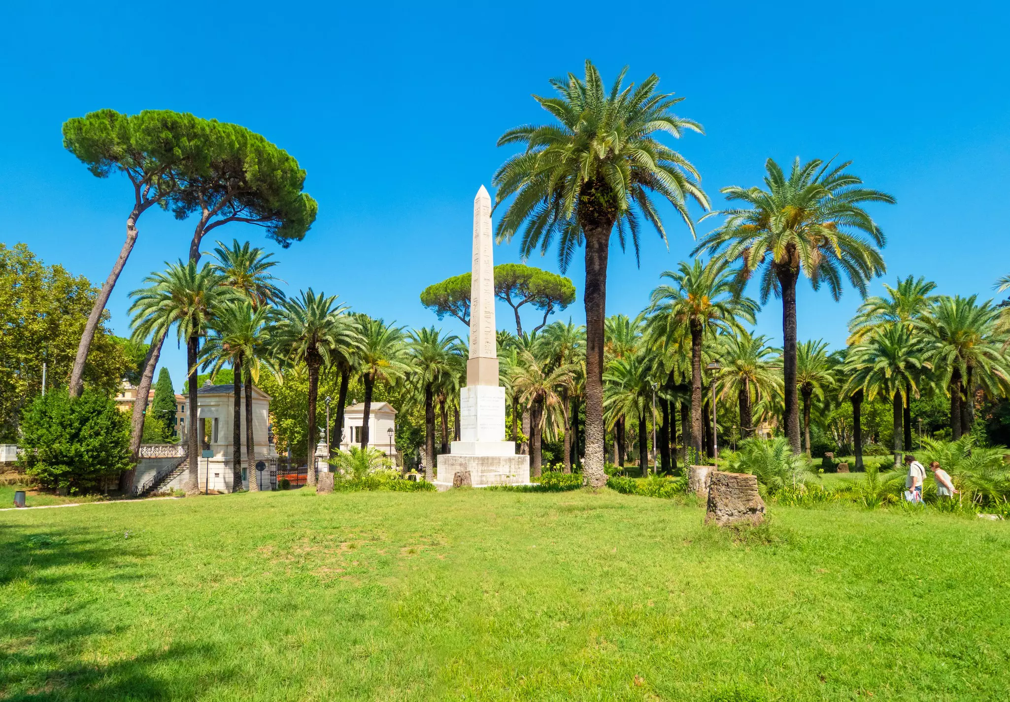 A view of Villa Torlonia, public park of Rome with fountains, neoclassical buildings, museum and surrounding gardens, formerly belonging to the Torlonia family.