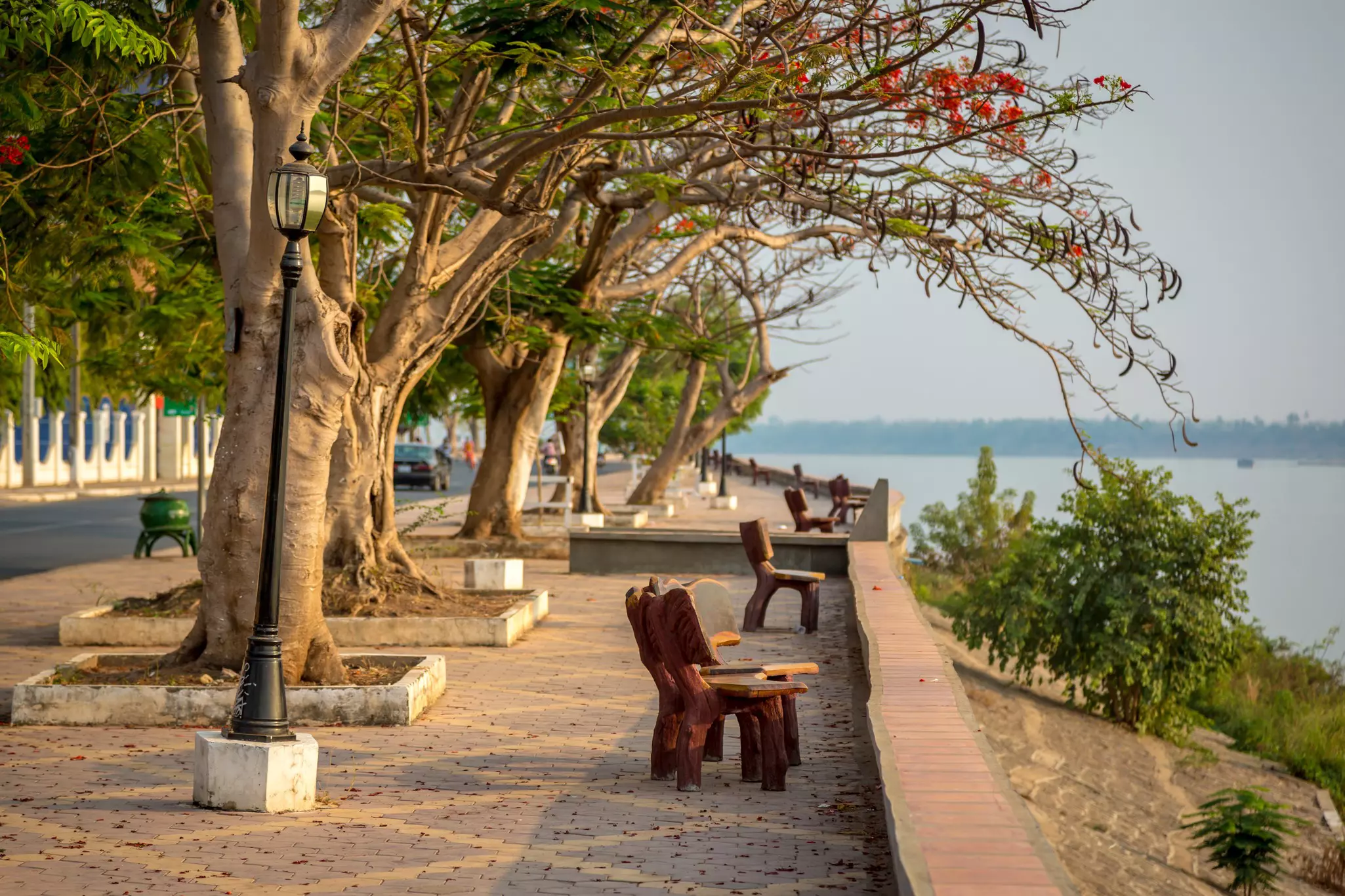 A promenade along a river in Cambodia; there are benches in front of a low wall and a row of trees behind them. A roadway is on the other side of the trees.