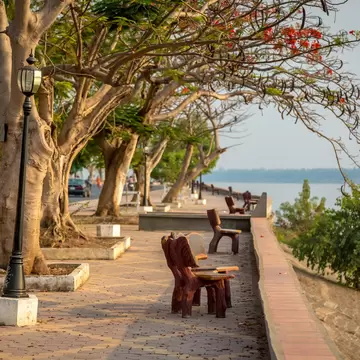 A promenade along a river in Cambodia; there are benches in front of a low wall and a row of trees behind them. A roadway is on the other side of the trees.