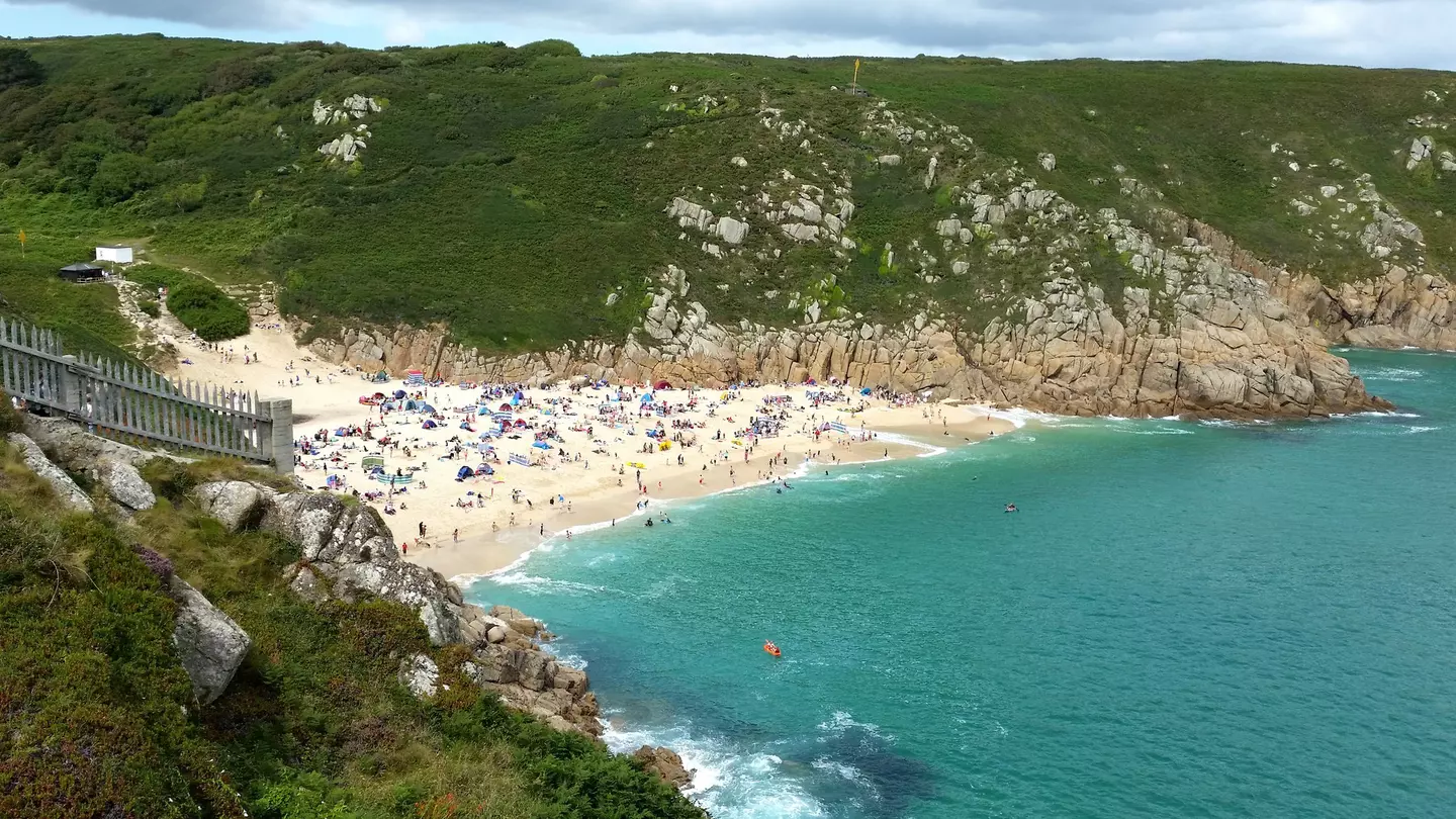 View of Porthcurno beach from cliff top, Cornwall