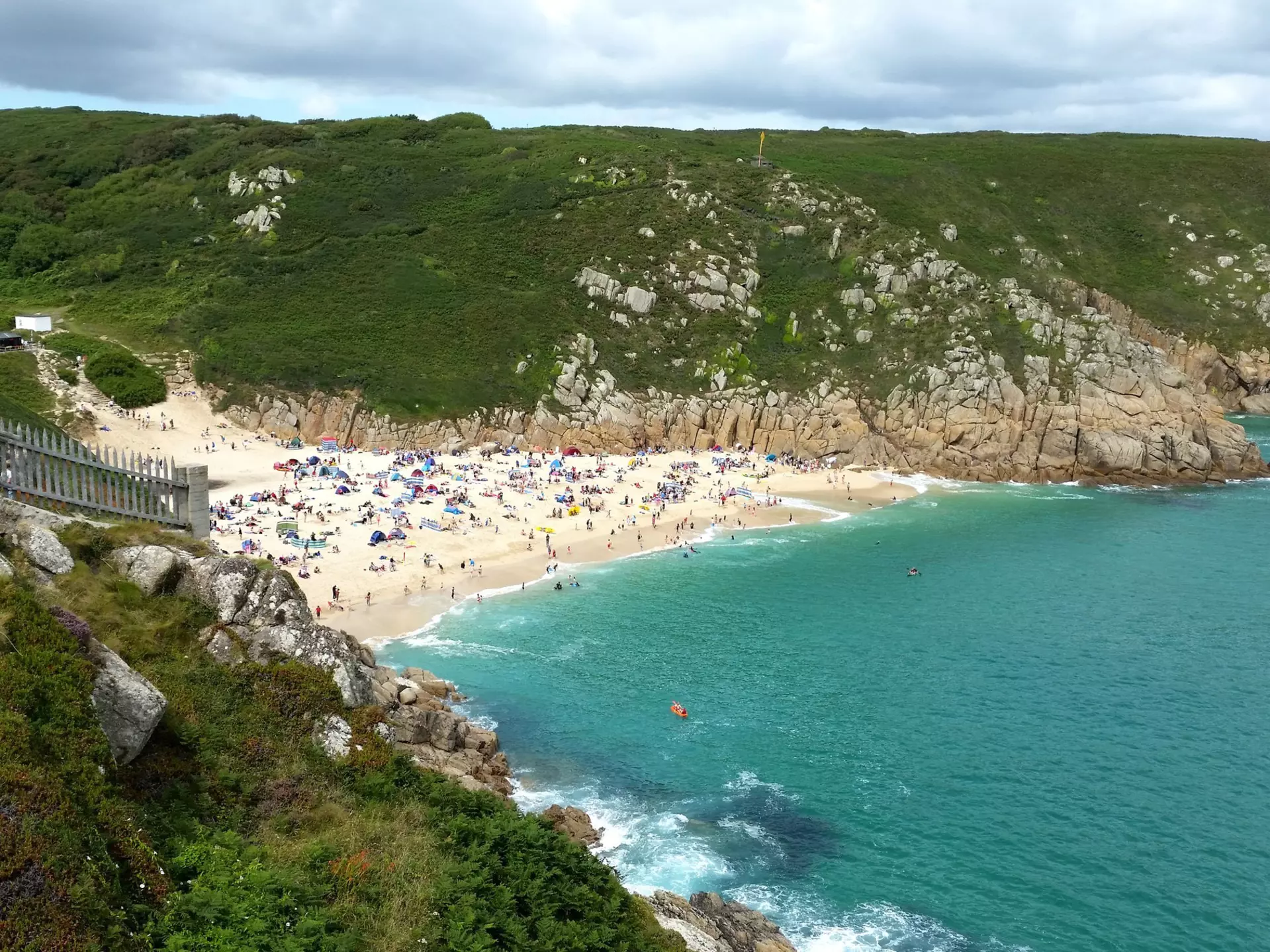 View of Porthcurno beach from cliff top, Cornwall