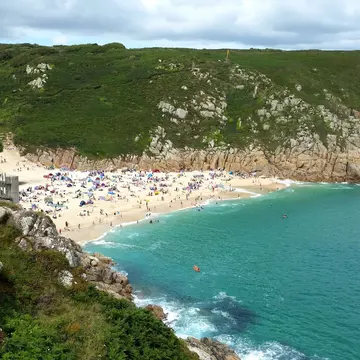 View of Porthcurno beach from cliff top, Cornwall