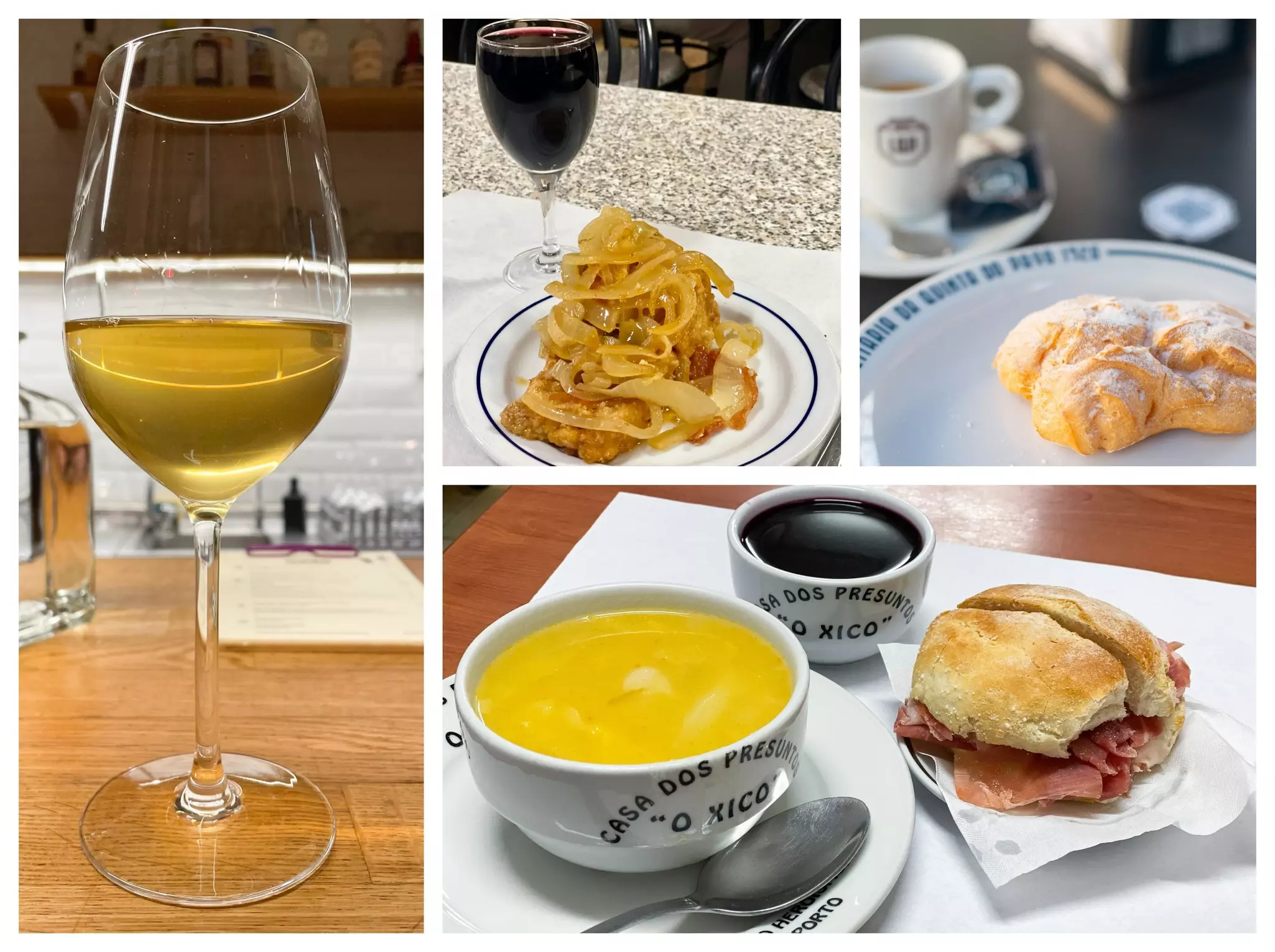 (L-R) A glass of wine at Genuíno; a salt cod dish with wine at Casa Expresso; eclair and coffee at Leitaria da Quinta do Paço; lunch (soup and sandwich) at Casa dos Presuntos “Xico” © Austin Bush/Lonely Planet