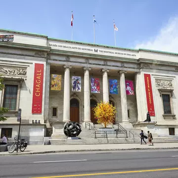 Montreal, Quebec, Canada - 18 May 2017: Sherbrooke Street West with the Facade of the Montreal Museum of Fine Art.