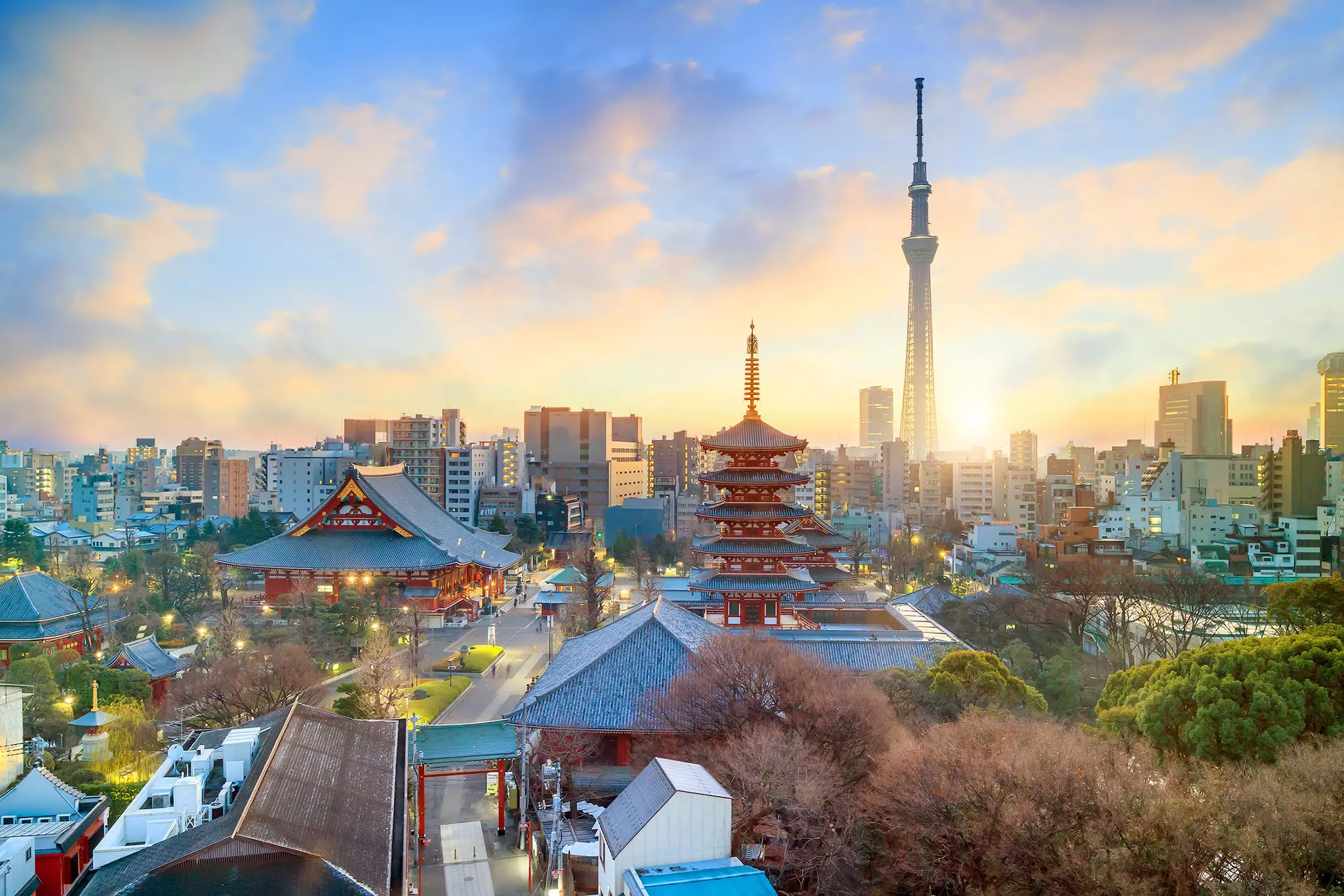 View of Tokyo skyline with Senso-ji Temple and Tokyo skytree, Japan