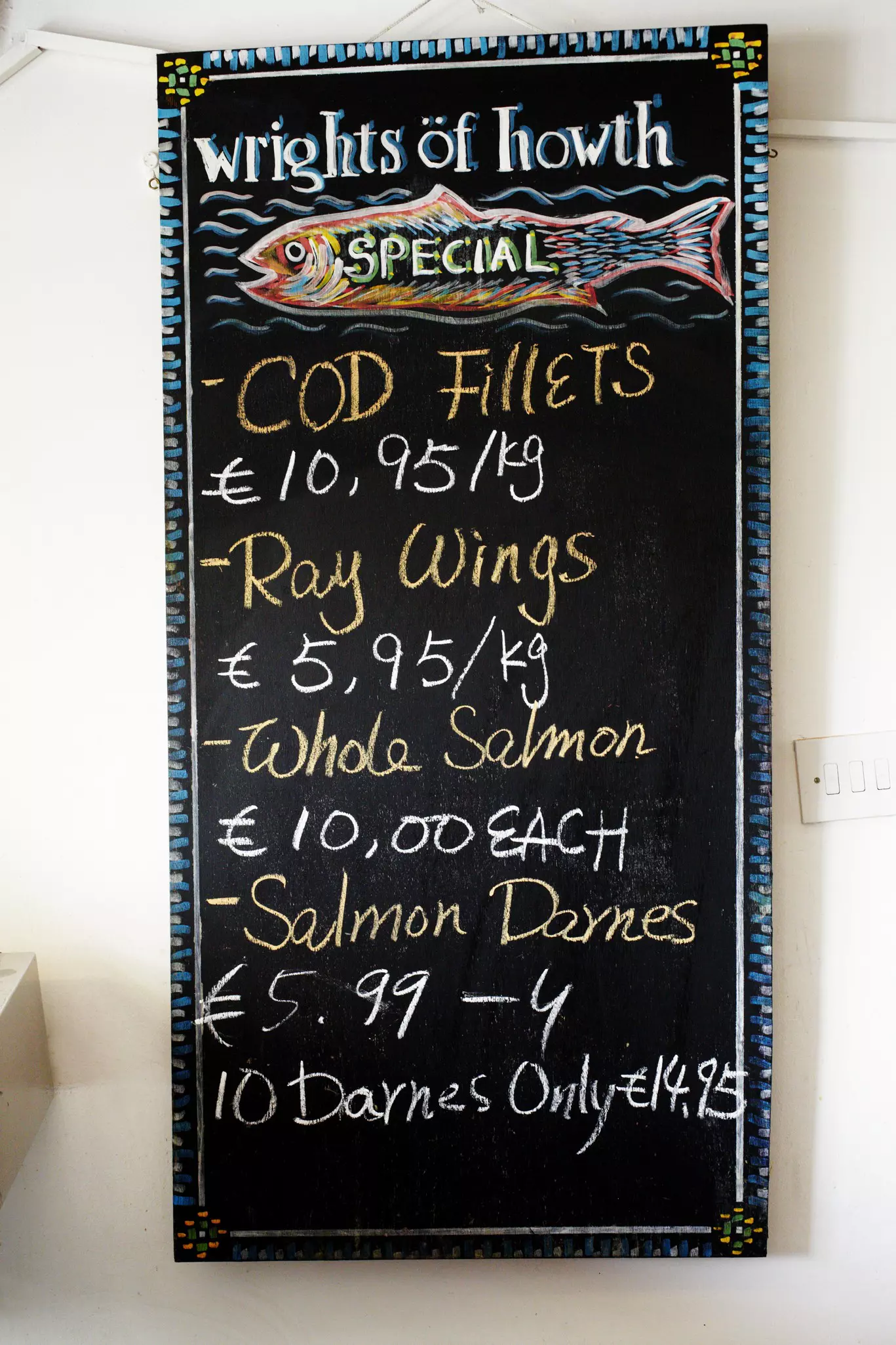 Chalk board at Wrights of Howth fish shop.