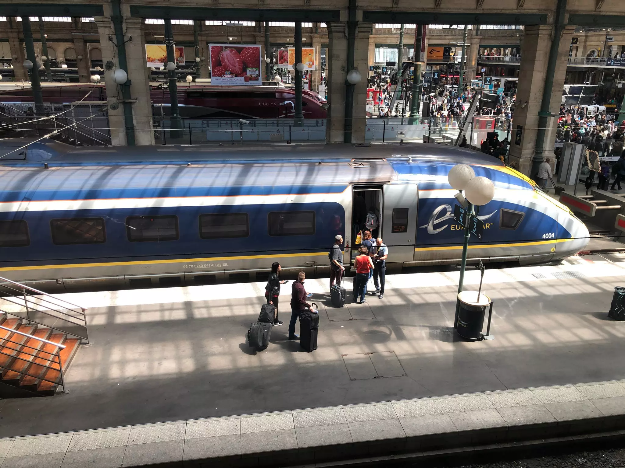 Paris, France: Eurostar train waiting to depart with passengers at Gare du Nord Station in Paris, France for trip through Chunnel (Channel Tunnel) to London, UK.