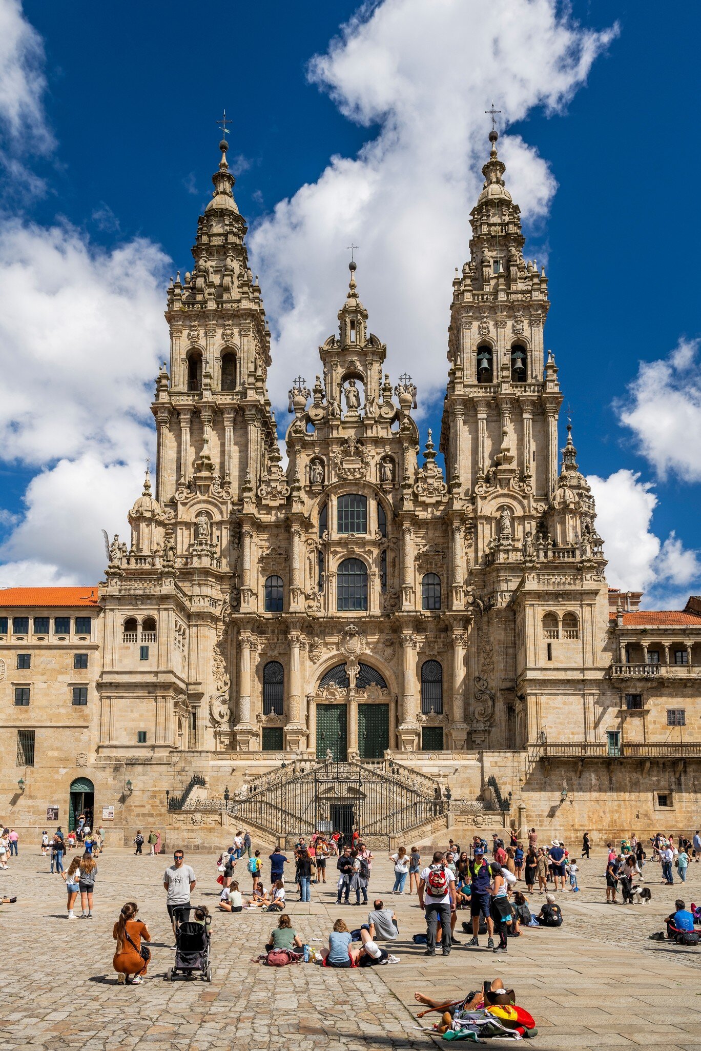 View of the facade of the Catedral de Santiago de Compostela on the Praza do Obradoiro in Spain.
