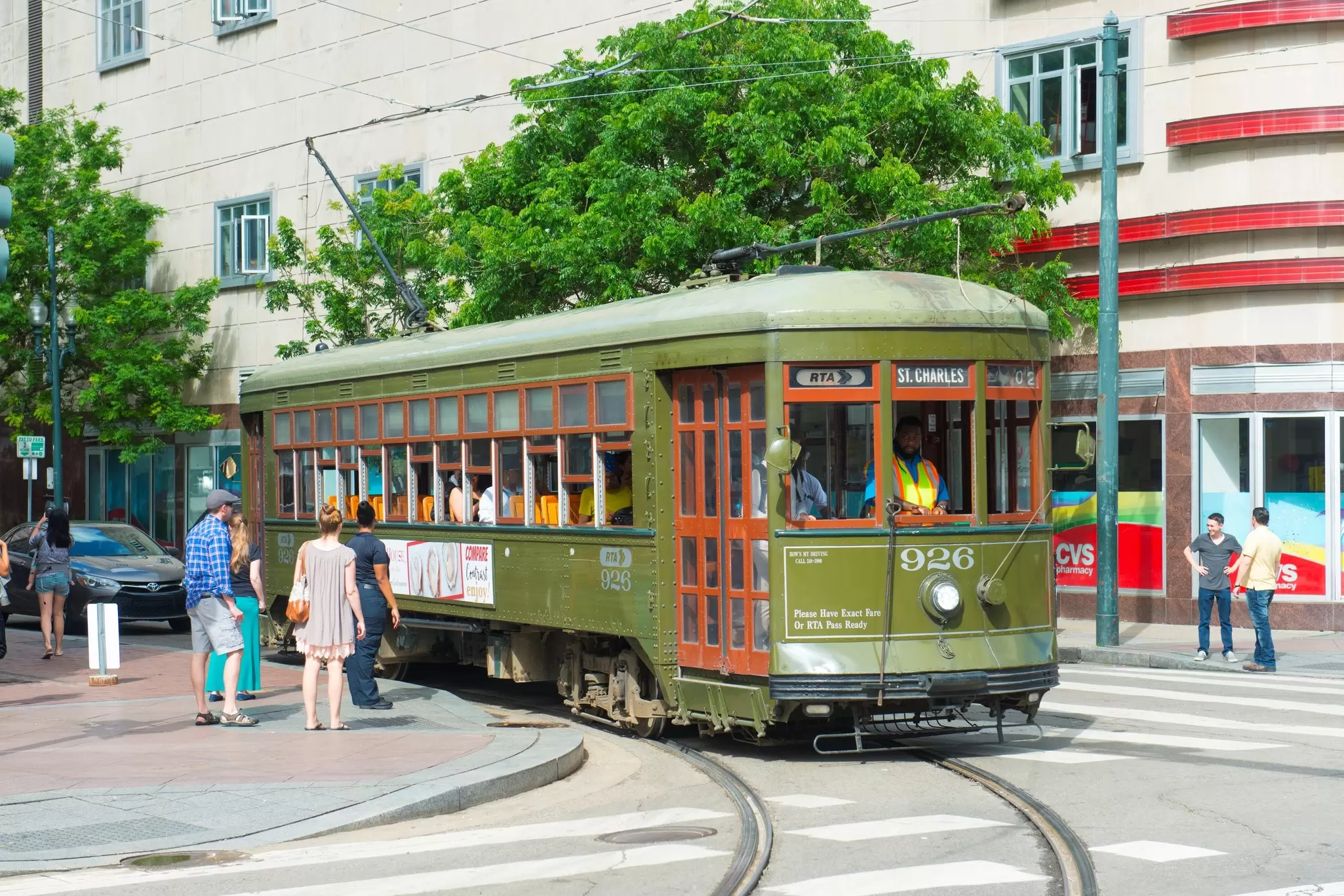 View of the St. Charles Avenue streetcar on Canal Street in downtown New Orleans, Louisiana.