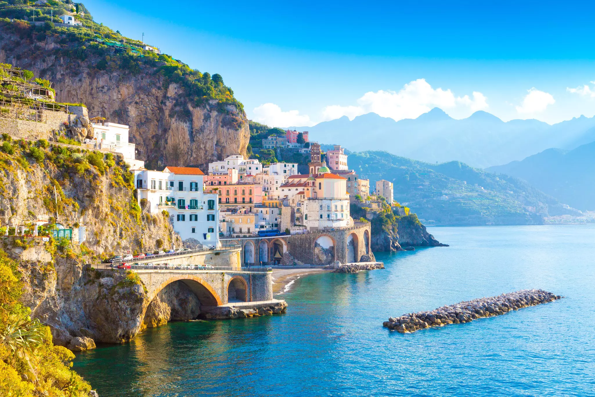 Morning view of Amalfi cityscape on the Amalfi Coast, Campania, Italy.
