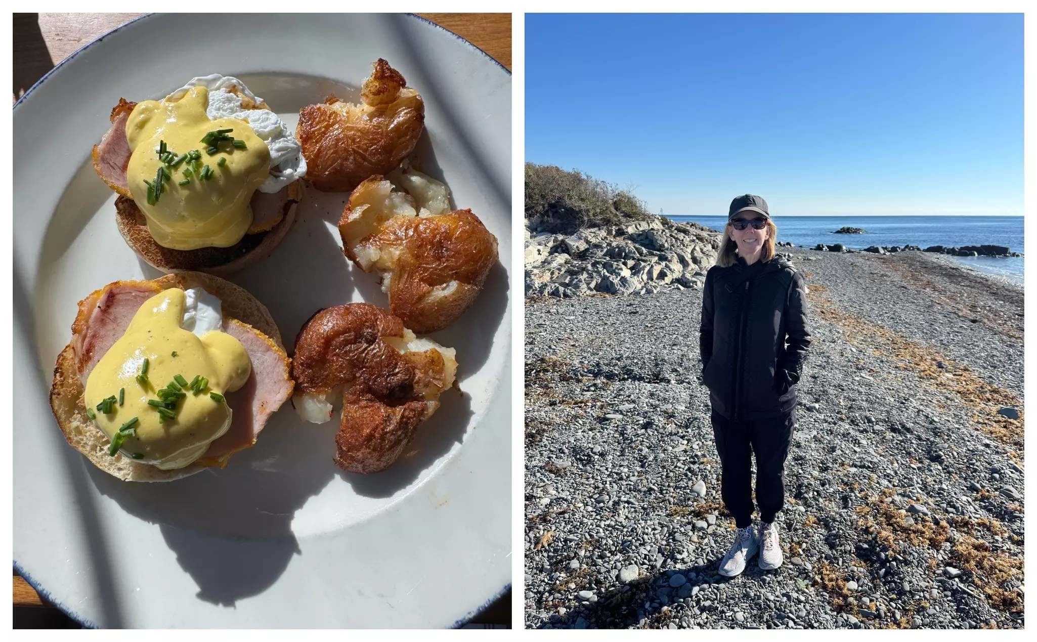 Left, Eggs benedict at The Tiller at Cliff House, Ogunquit. Right, Walking the rocky beach in Kennebunk.