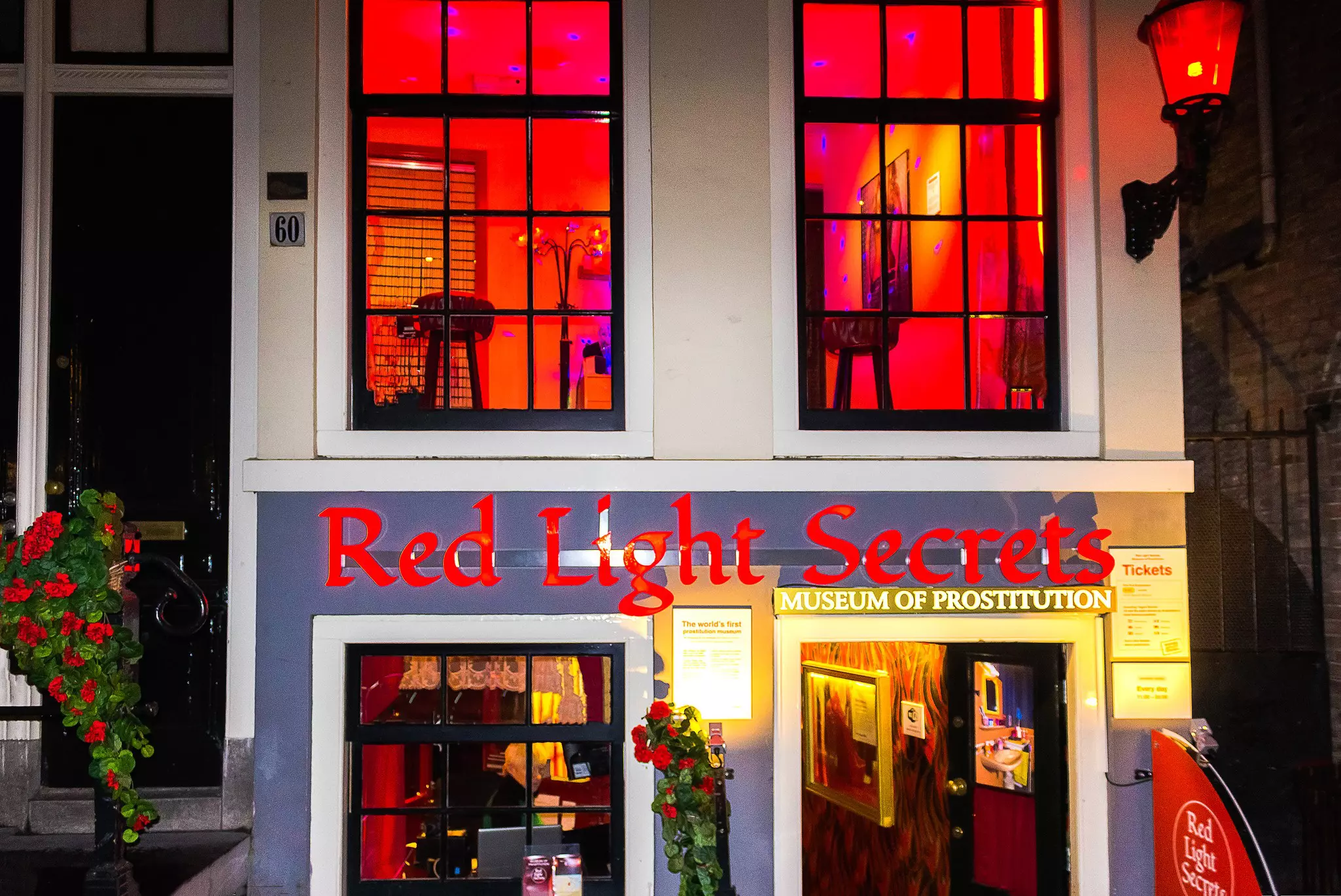 An exterior shot of the Red Light Secrets Museum of Prostitution in the centre of Amsterdam, The Netherlands