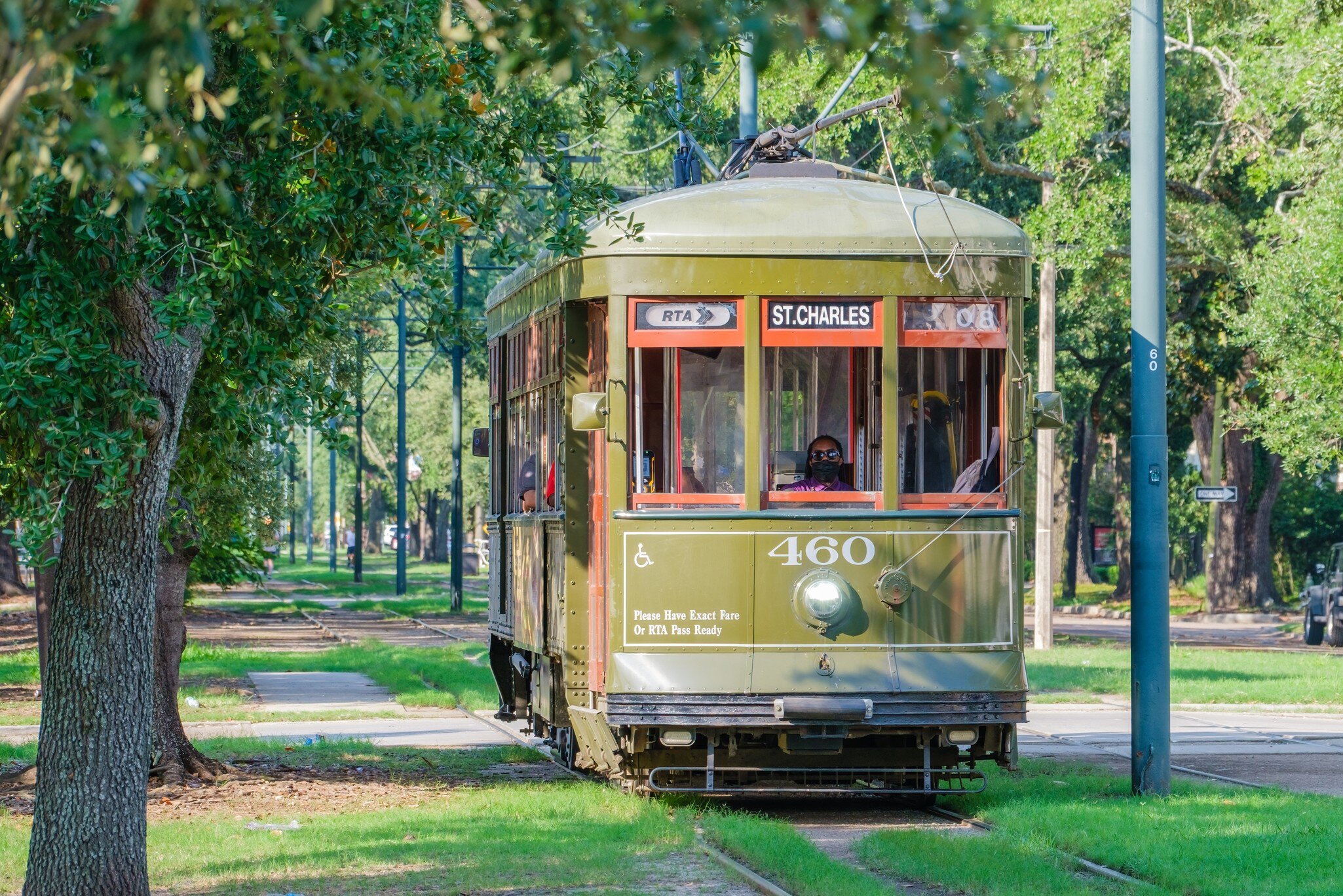 View of the St. Charles Line streetcar in New Orleans, Louisiana.
