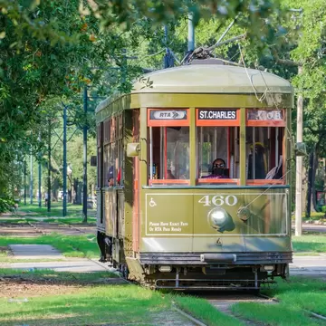 View of the St. Charles Line streetcar in New Orleans, Louisiana.