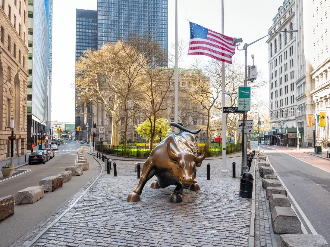 New York, NY - April 19, 2020: 'Charging Bull' bronze sculpture located in Bowling Green area of Wall Street Financial district in Manhattan., License Type: media, Download Time: 2026-04-09T14:49:08.000Z, User: LP_KChen, Editorial: true, purchase_order: 65050 - Digital Destinations and Articles, job: Lonely Planet, client: WIP App Content, other: Karen Chen