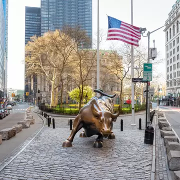 New York, NY - April 19, 2020: 'Charging Bull' bronze sculpture located in Bowling Green area of Wall Street Financial district in Manhattan., License Type: media, Download Time: 2026-04-09T14:49:08.000Z, User: LP_KChen, Editorial: true, purchase_order: 65050 - Digital Destinations and Articles, job: Lonely Planet, client: WIP App Content, other: Karen Chen