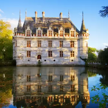 Facade of Azay-le-Rideau castle with reflection in the Loire Valley, France.