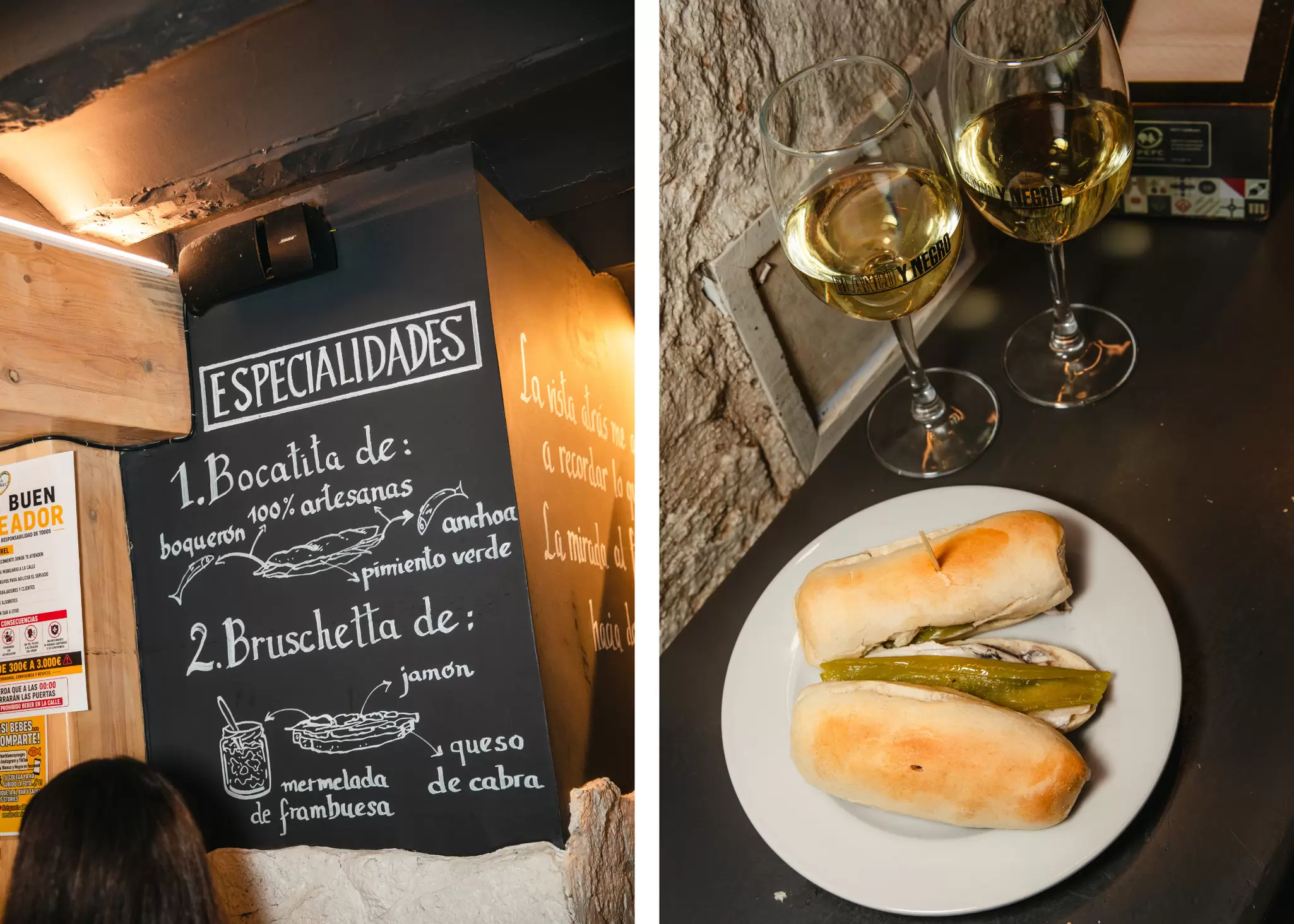 Left: A chalkboard with bar specialties. Right: Two anchovy and sardine sandwiches with two flutes of wine