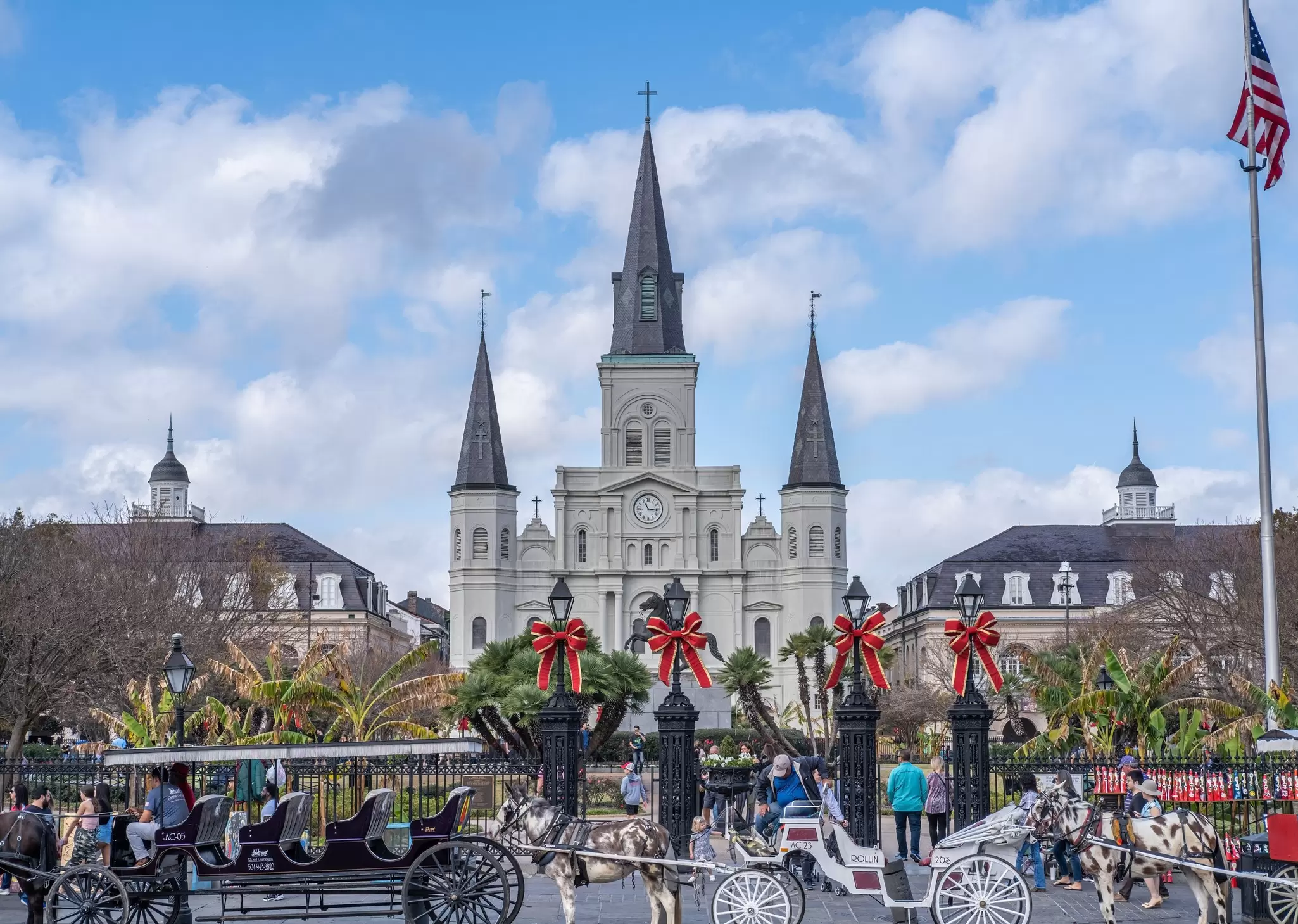 View of the St. Louis Cathedral overlooking Jackson Square in New Orleans, Louisiana.
