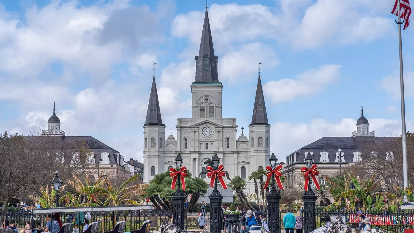 View of the St. Louis Cathedral overlooking Jackson Square in New Orleans, Louisiana.