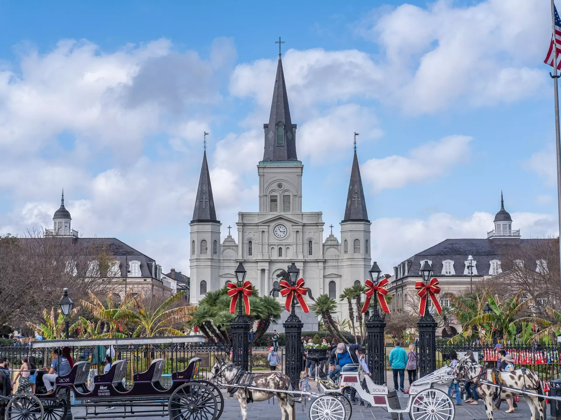 View of the St. Louis Cathedral overlooking Jackson Square in New Orleans, Louisiana.