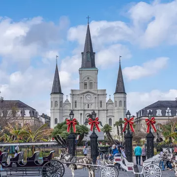View of the St. Louis Cathedral overlooking Jackson Square in New Orleans, Louisiana.