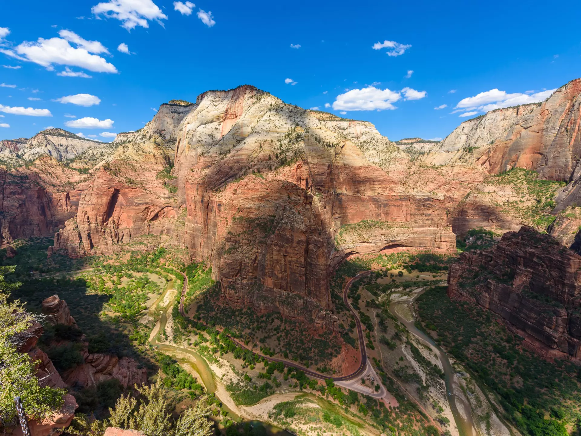 Zion Canyon, with the Virgin River and Angels Landing Trail at Zion National Park, Utah. Simon Dannhauer / Shutterstock