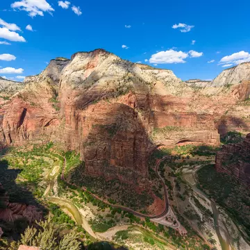 Zion Canyon, with the Virgin River and Angels Landing Trail at Zion National Park, Utah. Simon Dannhauer / Shutterstock