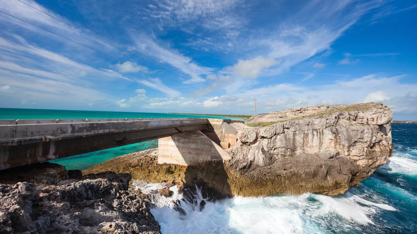 Glass window bridge on Eleuthera island, where the Caribbean sea meets the Atlantic ocean.