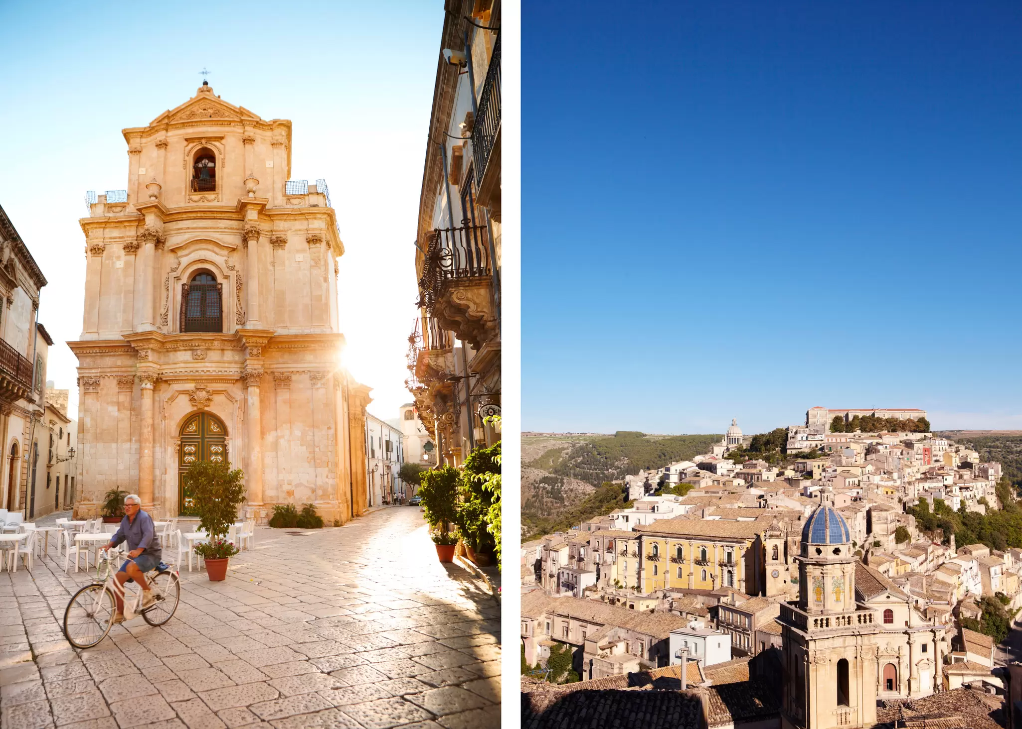 Left: a man cycling along a cobbled plaza in front of a cathedral. Right: aerial view of a medieval hilltop town on a sunny day.