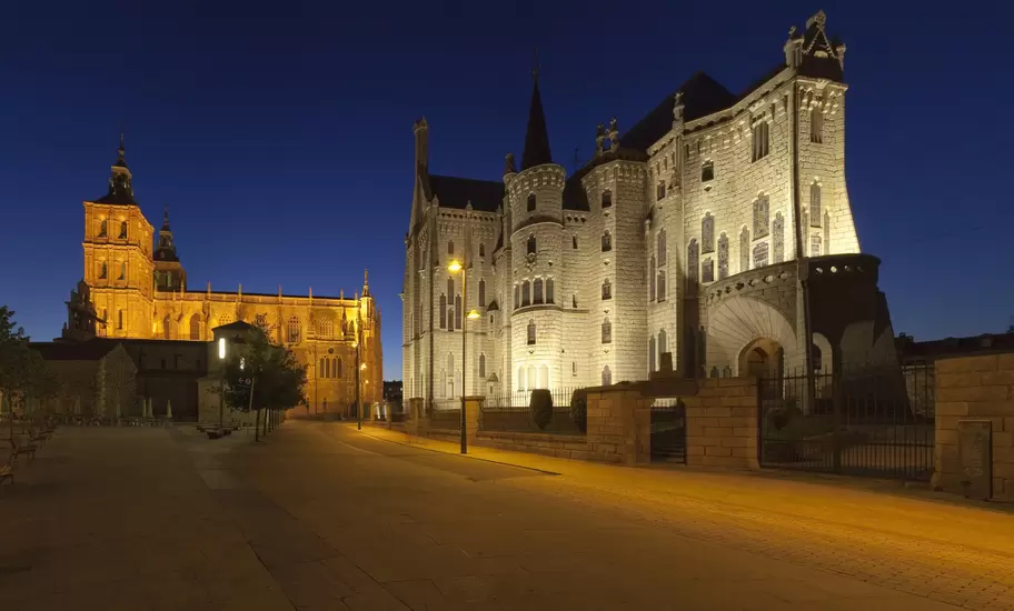 Cathedral and Episcopal Palace at night, Astorga, Castile and Leon, Spain