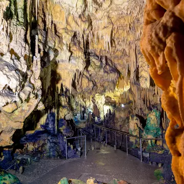 View of mineral formations in Diros Caves in Greece.