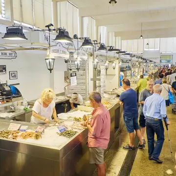 Cadiz, Spain - June 22, 2019. Citizens shopping in Cadiz downtown Market, Mercado Central de Abastos. Cadiz, Andalusia, Spain.