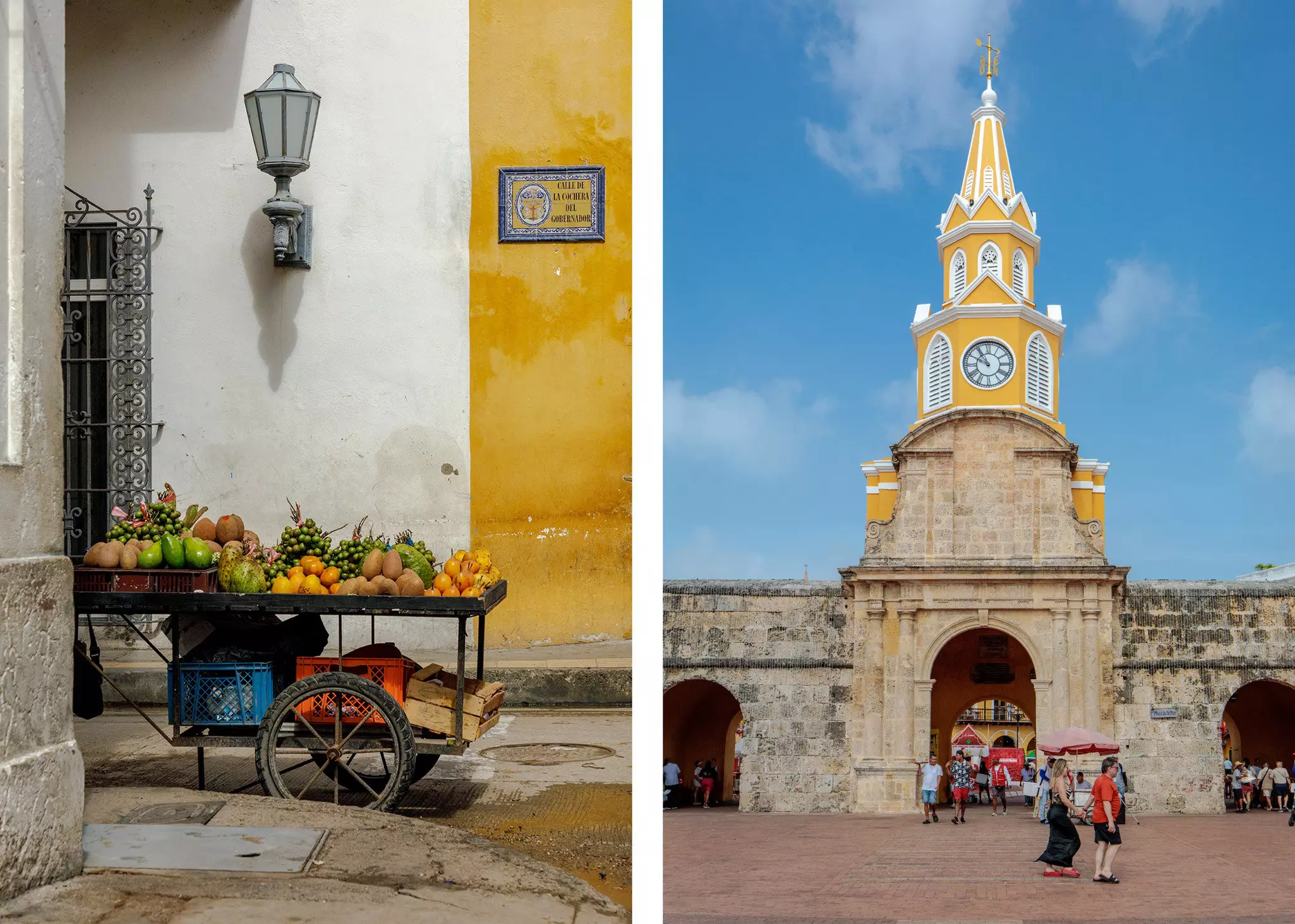 Left, a fruit cart on a street; right, a tall yellow clock tower