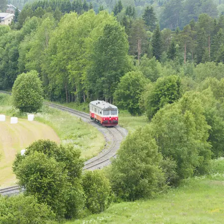 A red train travels through green countryside.