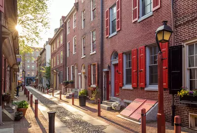 The historic Old City in Philadelphia, Pennsylvania. Elfreth's Alley, referred to as the nation's oldest residential street, dating to 1702.