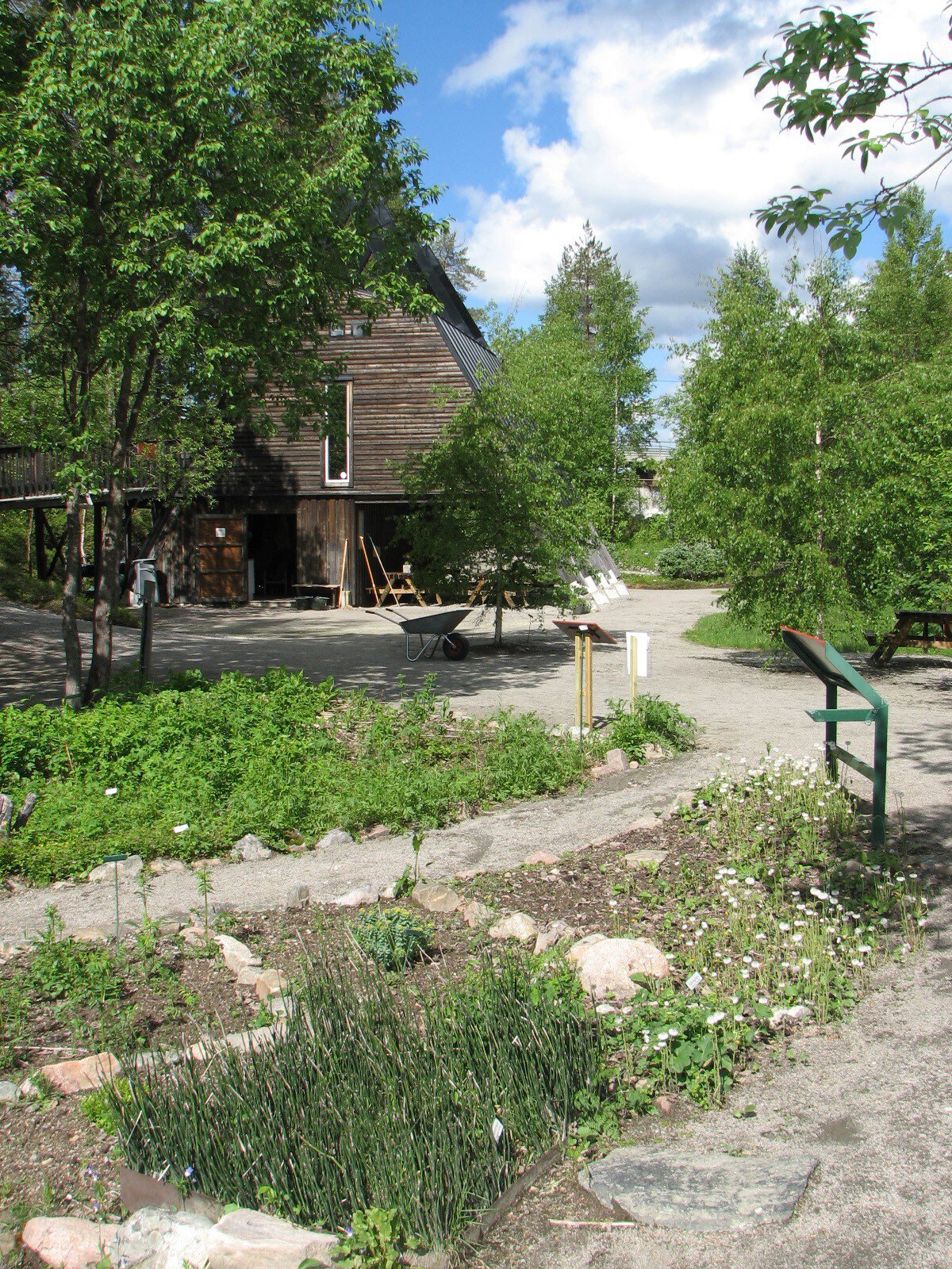 View of a building in the Ájtte Fjällträdgårds, a garden of the Ájtte Museum in Jokkmokk, Sweden. 