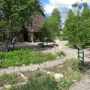 View of a building in the Ájtte Fjällträdgårds, a garden of the Ájtte Museum in Jokkmokk, Sweden. 