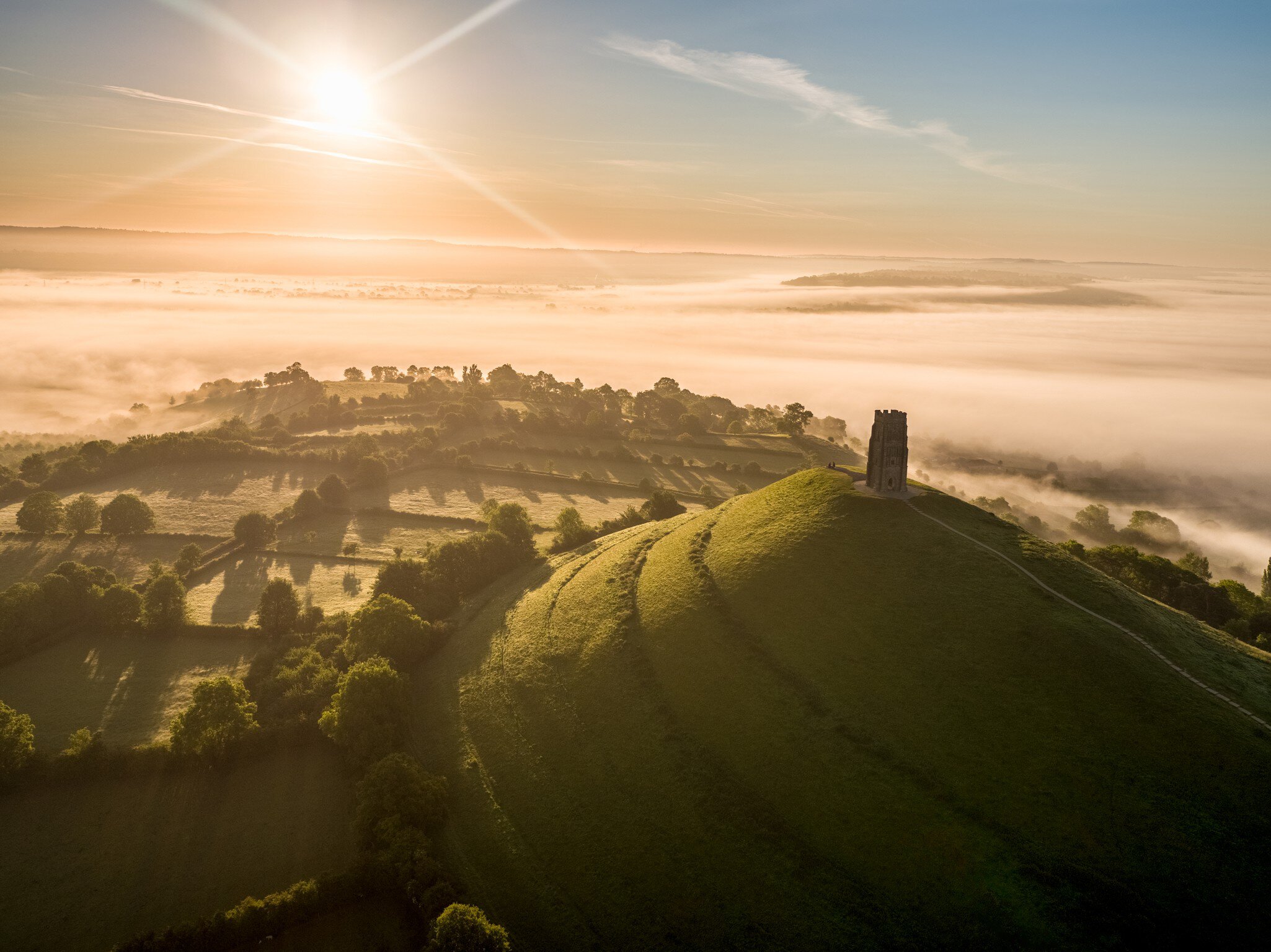 Sunrise over Glastonbury Tor in Somerset, England