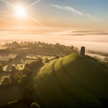 Sunrise over Glastonbury Tor in Somerset, England