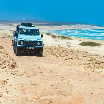 A four-wheel drive vehicle drives along a desert path next to the sea with waves crashing on the shore.