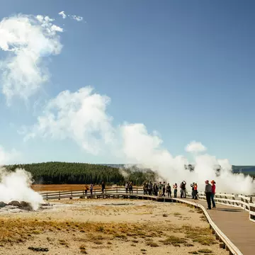 Boardwalk views of Jet geyser and Fountain geyser in Yellowstone National Park, Wyoming. Septemeber 2025.