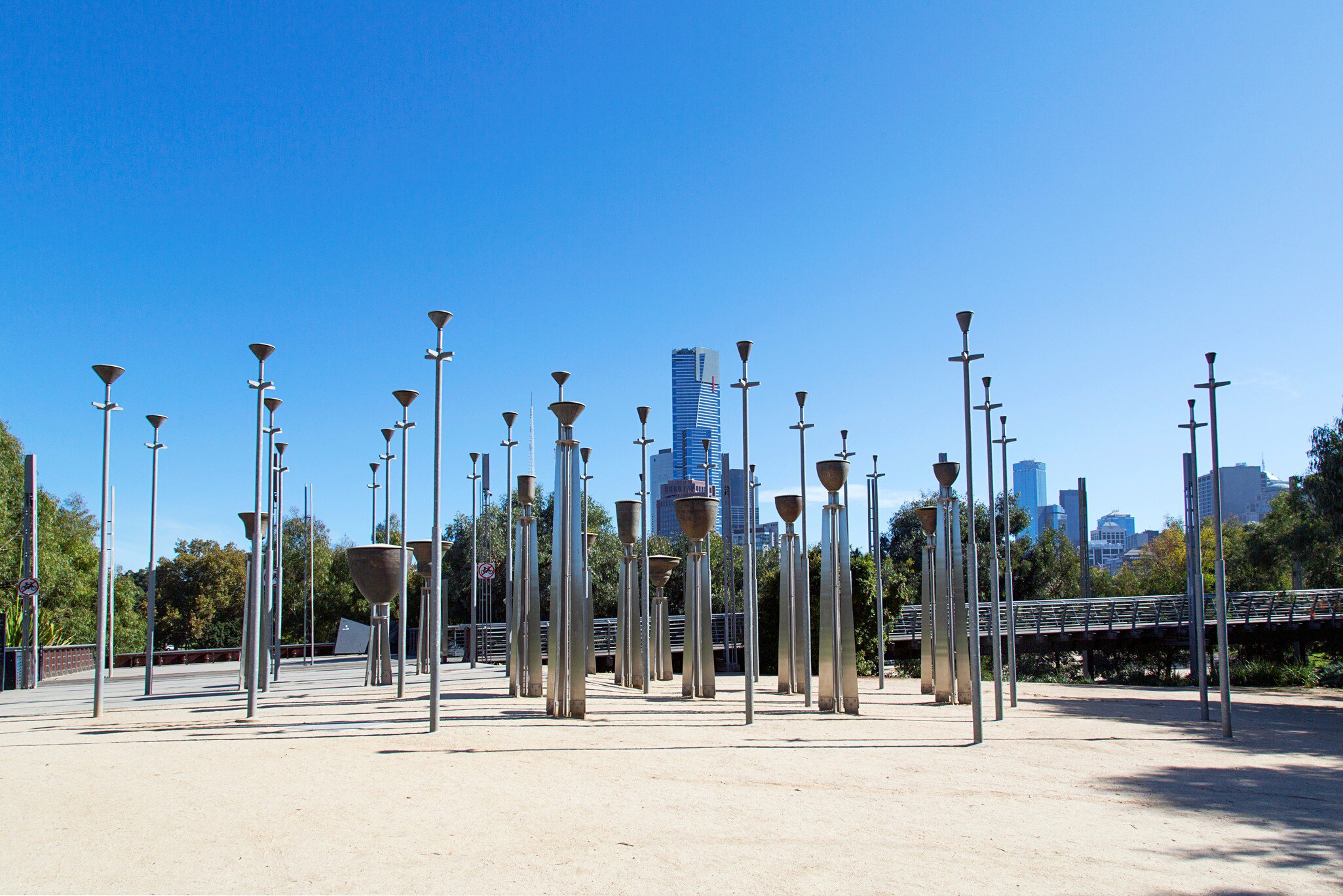 View of the Federation Bells, an installation comprising of 39 upturned bells. Located in Birrarung Marr, Melbourne, they were created for celebrations of the centenary of Australia. 