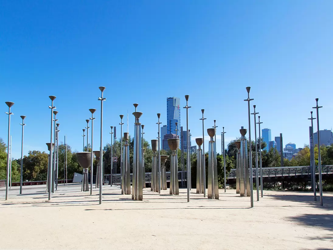 View of the Federation Bells, an installation comprising of 39 upturned bells. Located in Birrarung Marr, Melbourne, they were created for celebrations of the centenary of Australia. 