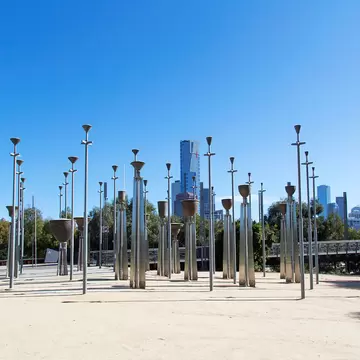 View of the Federation Bells, an installation comprising of 39 upturned bells. Located in Birrarung Marr, Melbourne, they were created for celebrations of the centenary of Australia. 