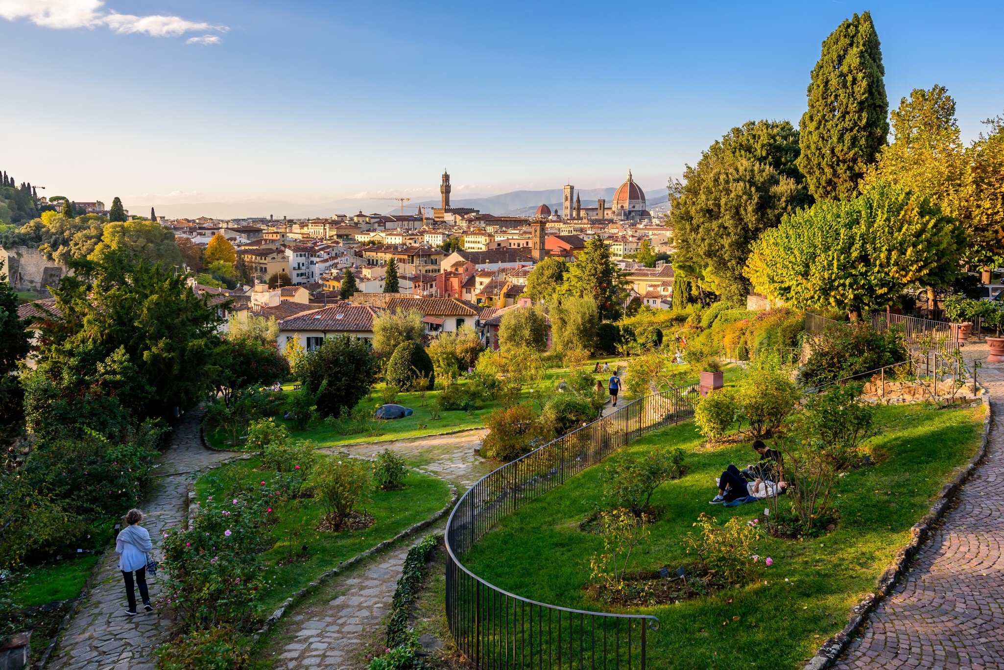 A little park in Florence, Tuscany, with the cityscape in background.